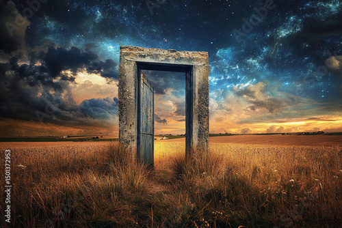 Mysterious door stands alone in a golden field under a dramatic sky