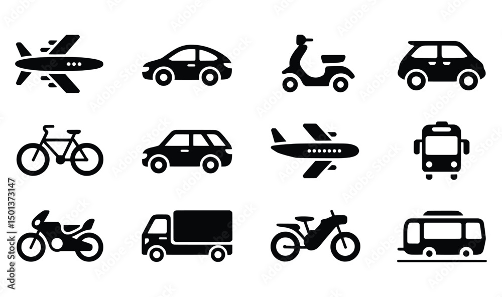 Fototapeta premium Transportation icons set airplane car bicycle bus truck scooter motorcycle