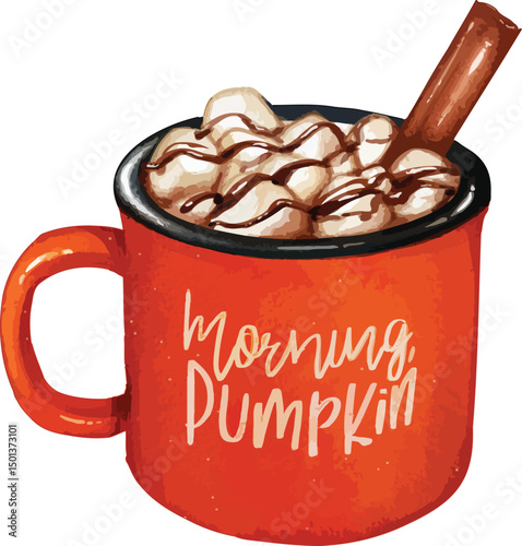 Watercolor pumpkin spice latte with marshmallows and cinnamon stick Drink. Cozy Fall Beverage Mug Illustration. Cozy season visuals, cafe branding, and fall recipes.