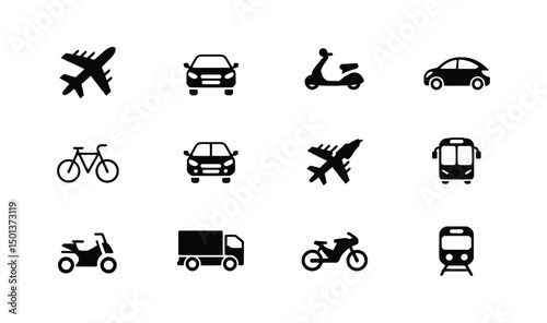 Transportation icons set airplane car scooter bicycle truck bus train motorcycle quad bike