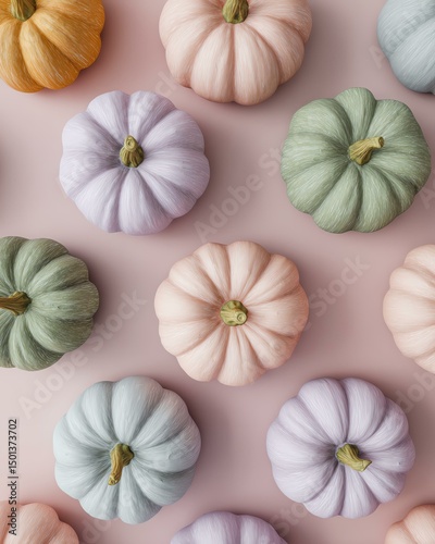 Colorful pumpkin flat lay design for modern autumn decor A delightful arrangement of pastel-colored pumpkins on a soft pink background, perfect for autumn decor.