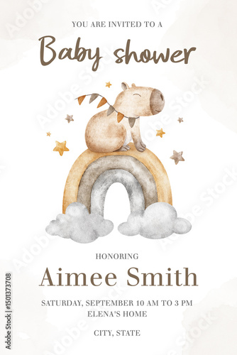 Baby shower card of capybara on rainbow among stars and clouds. Template of newborn's party invitation of guinea pig. Layout for new born celebration, party invitation, social event.