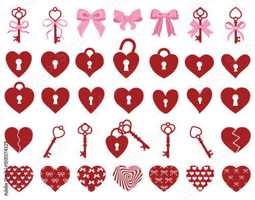 Heart, love, romance red hearts and keyhole. Red heart love symbol isolated editable vector. Vector hearts for Christmas gifts, Valentine's Day, birthday. Simple trendy cute symbol. Soul, key