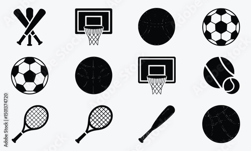Sports icons set black silhouettes basketball baseball soccer tennis