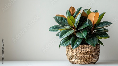 Minimalist rubber plant in decorative woven basket planter on white background 