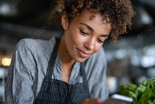 An upbeat chef smiles at their phone while surrounded by fresh ingredients in a stylish kitchen, showcasing a blend of culinary creativity and modern technology.