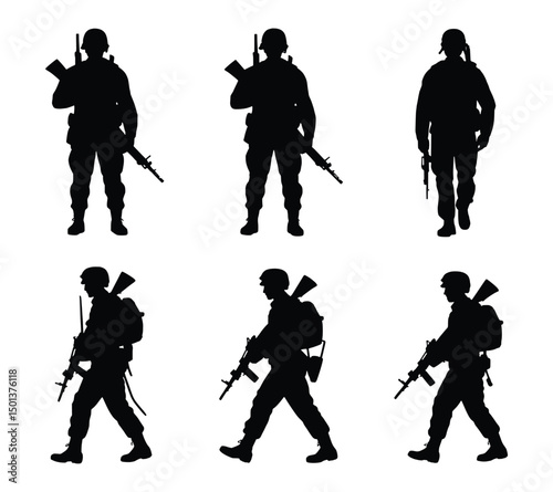 Silhouettes of soldiers standing and walking with rifles