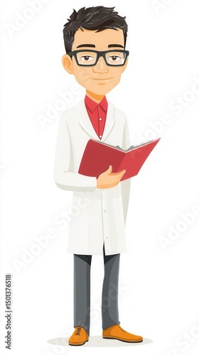 Cartoon scientist character with notepad
