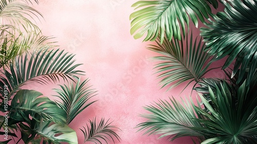Minimalist tropical wallpaper with overlapping palm leaves in neutral pink hues 