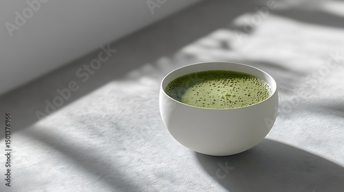 A bowl of matcha tea on a white surface with shadows