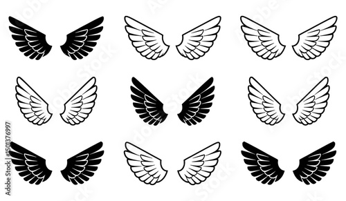 Nine pairs of stylized black and white wings design elements