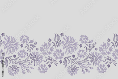 Vintage floral ethnic tapestry modern embroidery texture boho design vector illustration hand drawn silhouette indigo blue flower motif branches leaves wallpaper seamless background border.