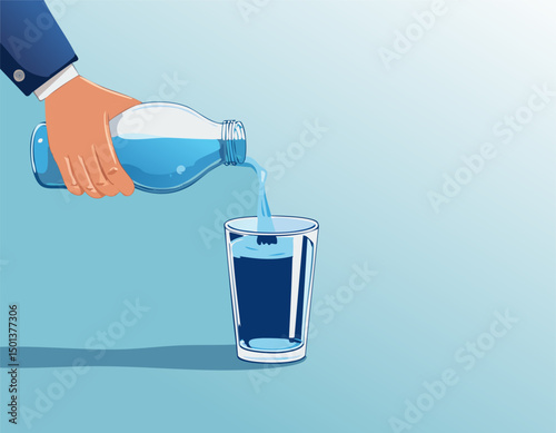 A cartoon-style hand pours vibrant blue water into a glass with shadows and reflections. A surreal and artistic touch for editorial use.