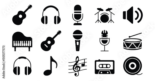 Music icons set musical instruments recording studio equipment