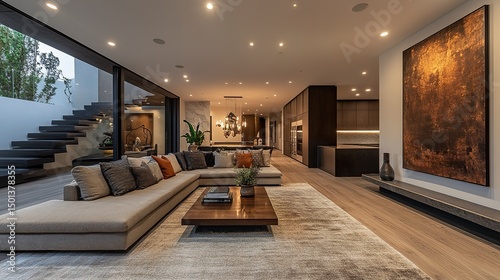 Minimalist yet sophisticated home interior with clean lines, modern art, and plush textures  