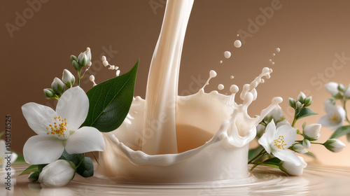 Cosmetic realistic vector white poster with cream or pouring milk, falling jasmine flower. Skin care natural or organic cosmetics concept, wavy liquid surface with pouring stream. Mock-up promo banner