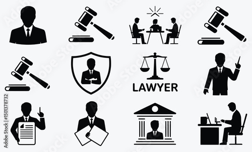 Legal profession icons set lawyer justice lawsuit court