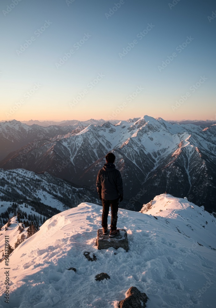 Photo of Person Standing Atop Snowy Mountain Peak at Sunset Looking Over the Winter Landscape Photo of Person Standing Atop Snowy Mountain Peak at Sunset Looking Over the Winter Landscape
