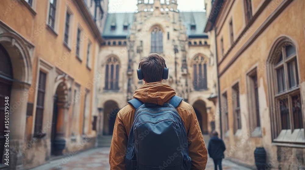 Fototapeta premium Urban explorer absorbed in his music, wandering through historical European streets
