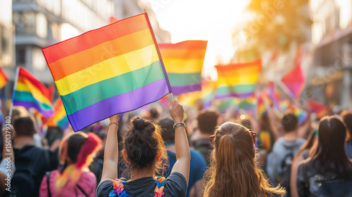 Pride Parade Protest. Crowd at a Pride parade, waving rainbow flags in support of LGBTQ+ rights and equality.