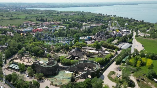 Aerial drone view of an amusement park Gardaland at Lake Garda, Italy. Amazing view of theme park Gardaland in Italy.