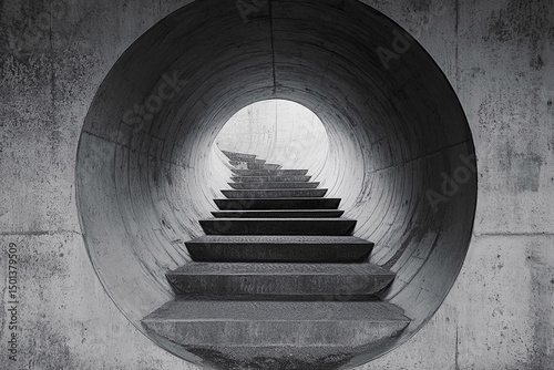 Steps lead into an endless circular tunnel creating a mysterious atmosphere with a sense of depth and intrigue
