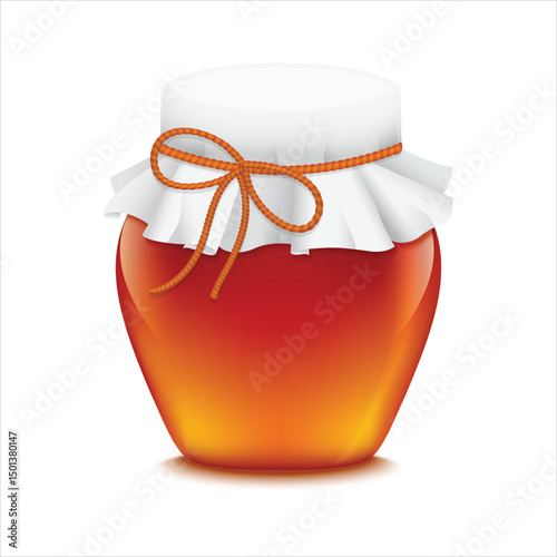 Realistic illustration of glass jar containing sweet honey isolated on white background