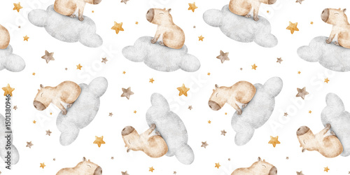 Capybara slipping on clouds among stars. Cute dreamy character rodent animal. Hand drawn watercolor seamless pattern. Background of guinea pig for wallpaper, kids room, fabric, stationery, bed linen