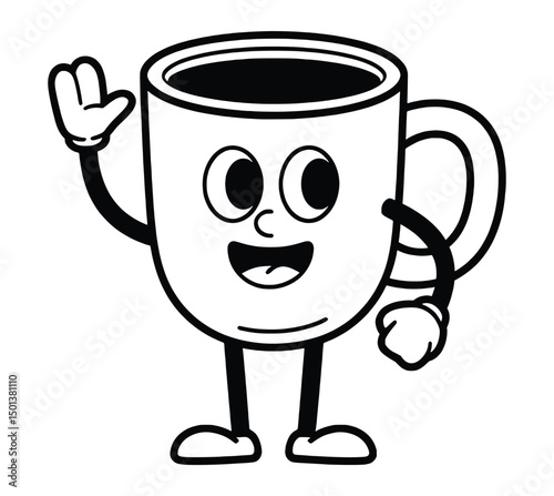 Happy coffee cup cartoon character waving hello