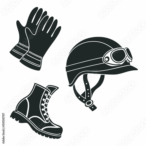 Monochrome illustration of protective gear gloves helmet and boot for adventure