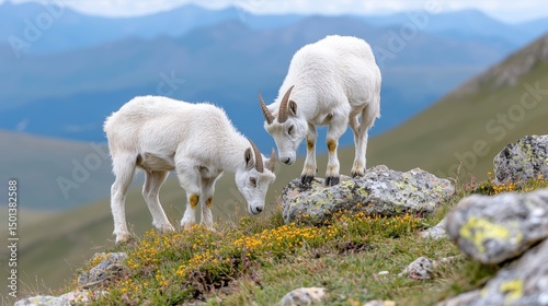 Two Mountain Goats on Rocky Peak, Alpine Wildlife photo