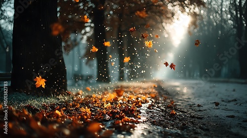 Beautiful autumn scenery with colorful leaves on the road