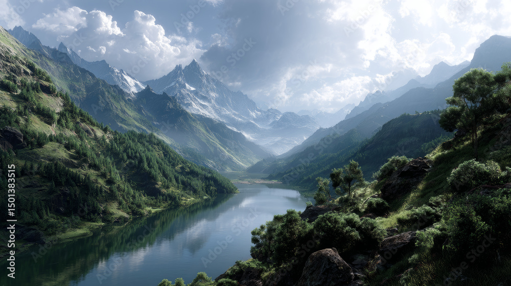 Obraz premium Cartoon landscape with river or lake near mountains. Natural horizontal background of pond, trees and greenery on banks, rocky hills and clouds on sunny sky. Panorama of highland water body.