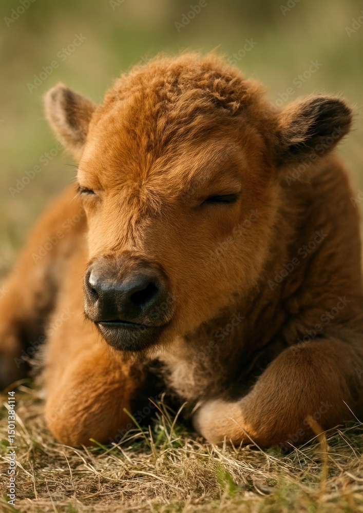 Fototapeta premium Peaceful young bison resting outdoors.