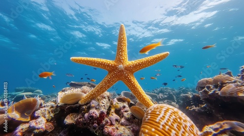Golden Starfish on Vibrant Coral Reef