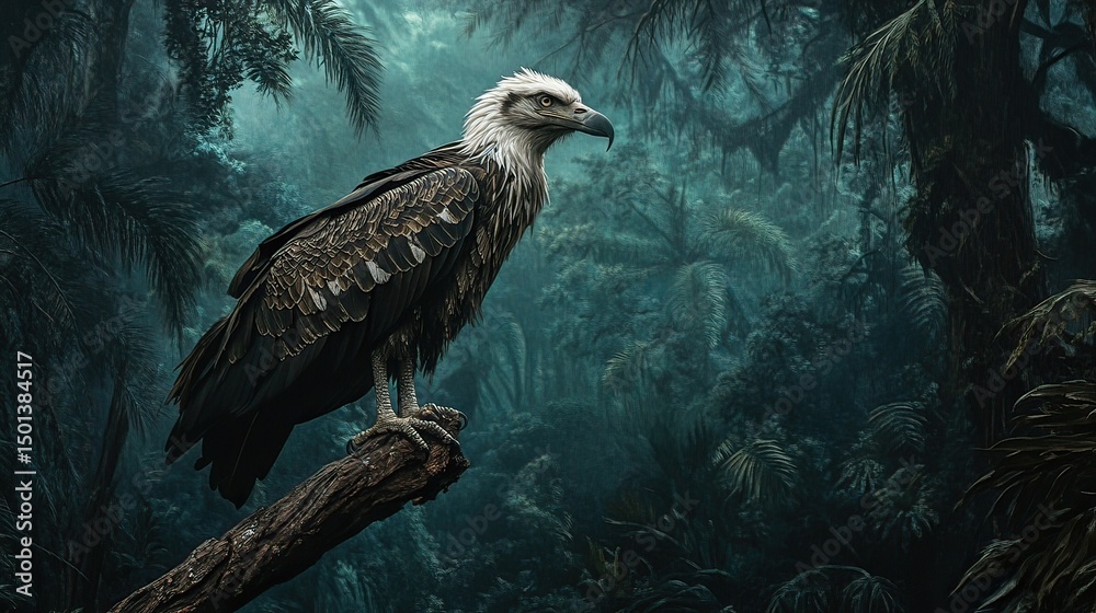 Fototapeta premium Majestic bird perched on branch in misty jungle