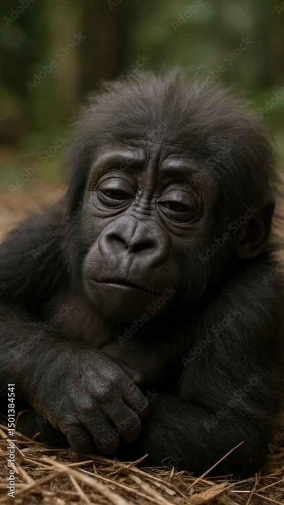 Obraz premium Adorable baby gorilla resting peacefully.