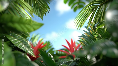 Lush Tropical Paradise: Green Leaves & Red Flowers