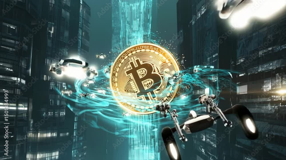 glowing Bitcoin coin transforming into streams of bright digital energy that flow through a futuristic cyberpunk city, powering neon-lit skyscrapers, flying vehicles, and robots, all in a dyna