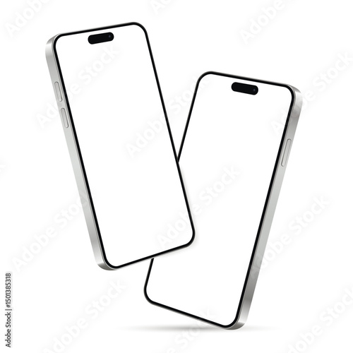 Two smartphones are floating in mid-air on a white background.