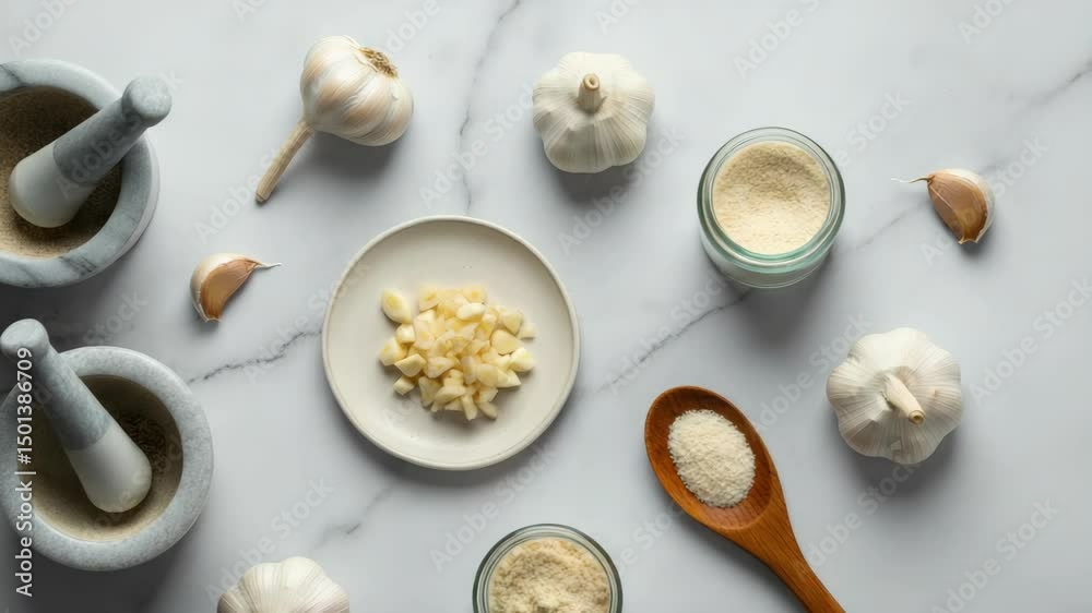 Various garlic preparations on white surface with mortar and pestle Various garlic preparations on white surface with mortar and pestle