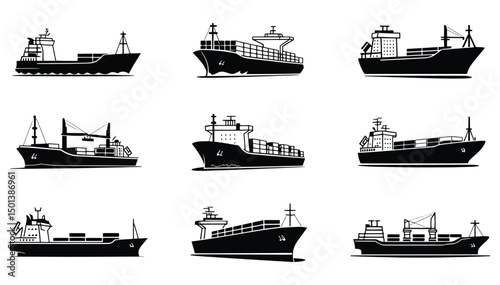 Collection of container ships cargo vessels maritime transportation icons