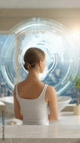 Modern Self-Care: A woman gazes towards a globe graphic in a futuristic, well-lit bathroom, evoking a sense of serene self-reflection, digital technology, and modern well-being.