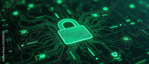 Digital security concept with glowing padlock and circuit board design, symbolizing protection and technology