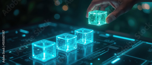 Hand is placing glowing, transparent cube futuristic digital interface, showcasing technology and innovation. scene evokes sense of creativity