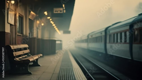 Foggy Vintage Train Station with Empty Benches