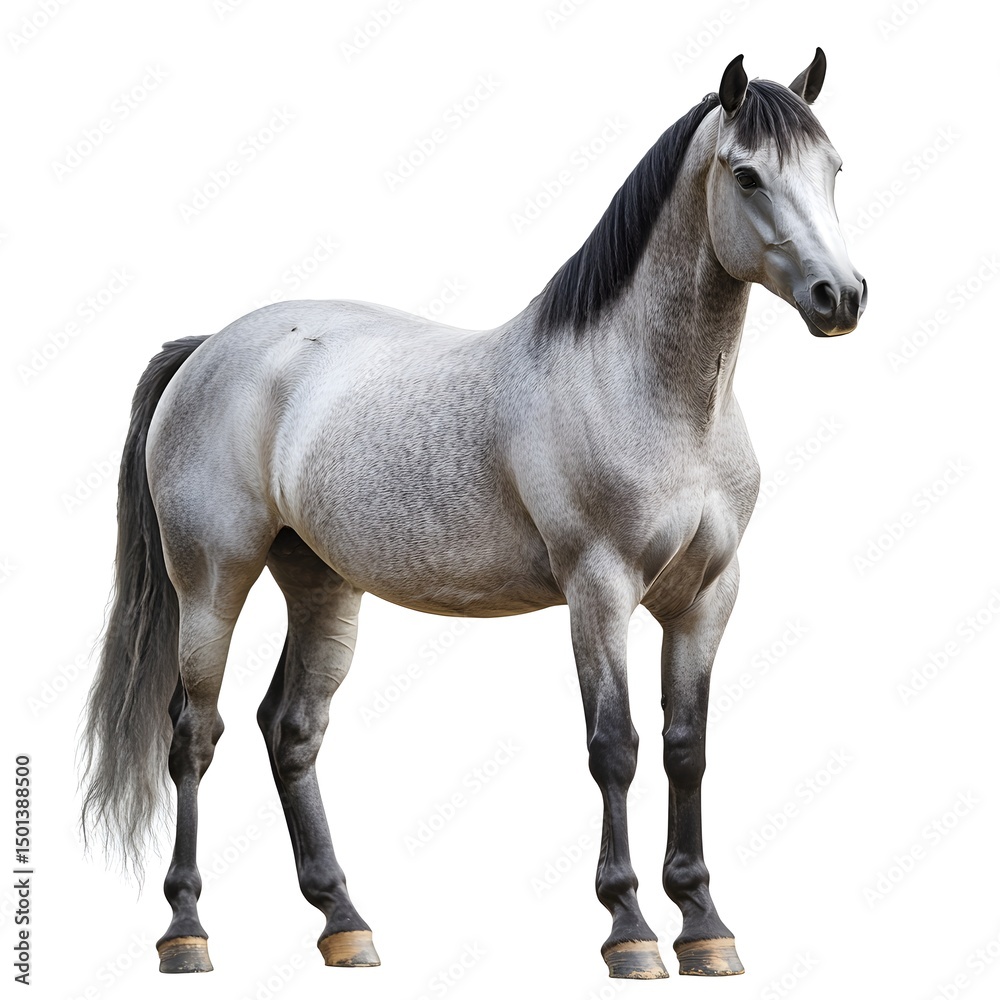 Obraz premium Majestic Gray Horse Standing Gracefully on a White Background with Strong Muscular Build