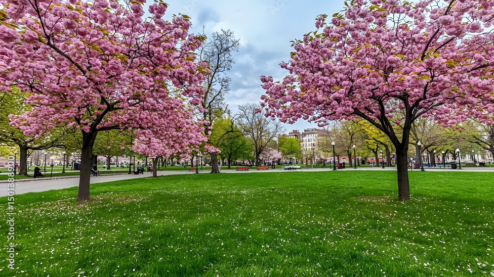 Naklejka premium Vibrant Spring Park with Blooming Cherry Trees and Lush Green Lawn under a Cloudy Sky