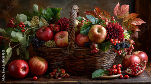 Autumn harvest basket. Thanksgiving fruit box with apple and leaves. Cute fall bucket with farmer food in golden season. Forest garden or orchard produce element with guelder berry and maple leaf