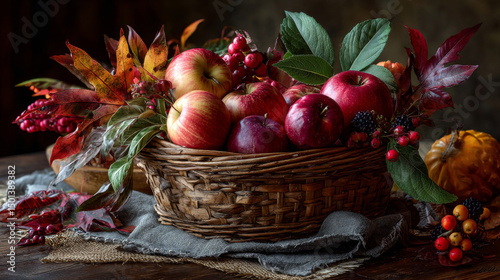 Autumn harvest basket. Thanksgiving fruit box with apple and leaves. Cute fall bucket with farmer food in golden season. Forest garden or orchard produce element with guelder berry and maple leaf